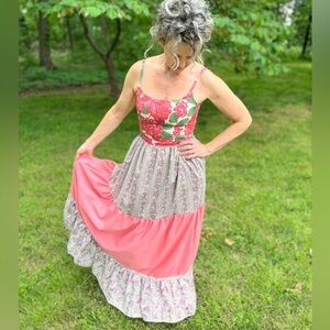 Handmade Boho Maxi Dress with Pink and Gray Accents - Sz Small